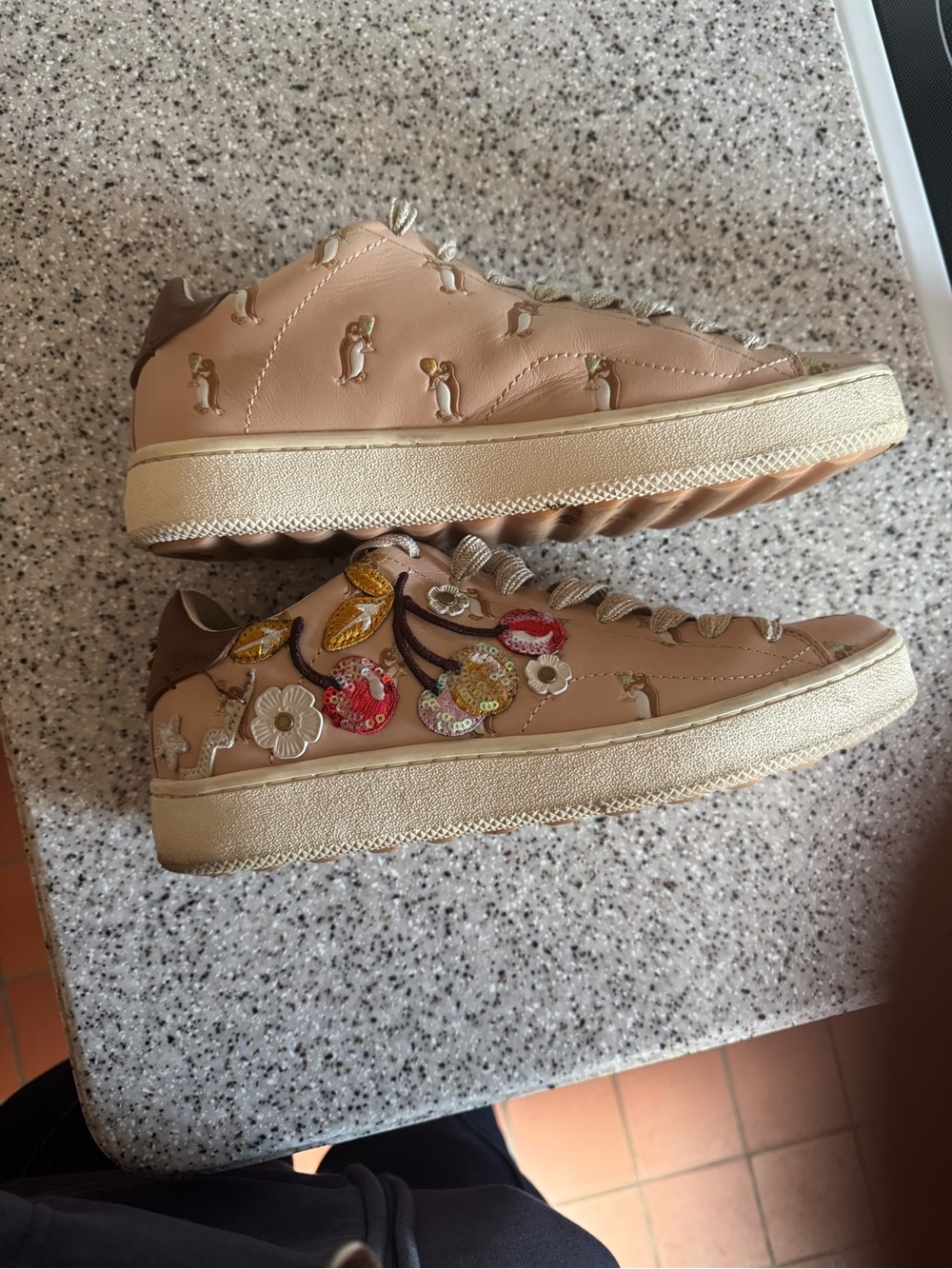 Coach Pink Beige Embroidered Floral Low-Top Sneakers
